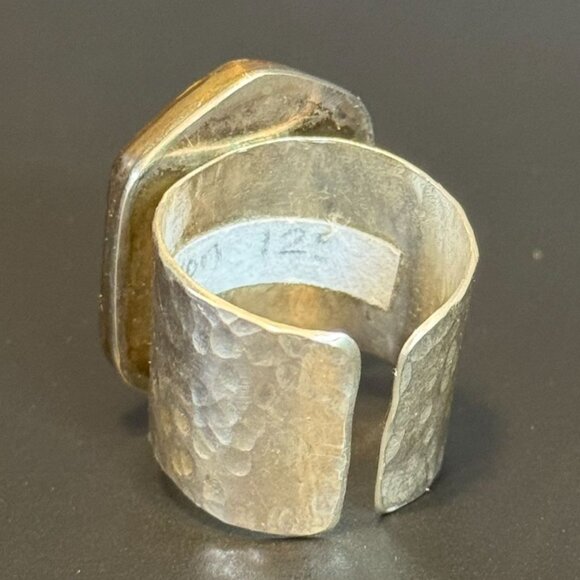 Handcrafted Tiger Iron Stone Ring With Hammered Silver Band - Picture 5 of 9